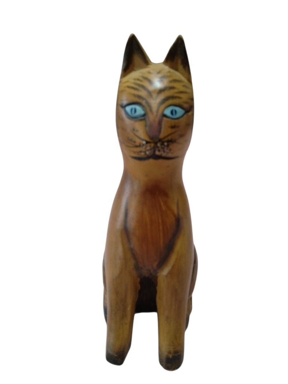 Hand Carved Wooden Sitting Cat 6.75" Solid Wood Folk Art Vintage Decor Statue